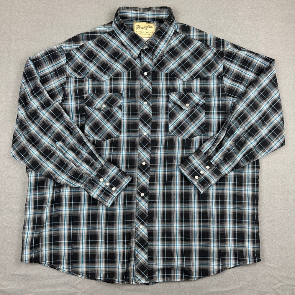 Wrangler Mens 2XL Western Pearl Snap Shirt Black Blue Plaid Long Sleeve Cowboy